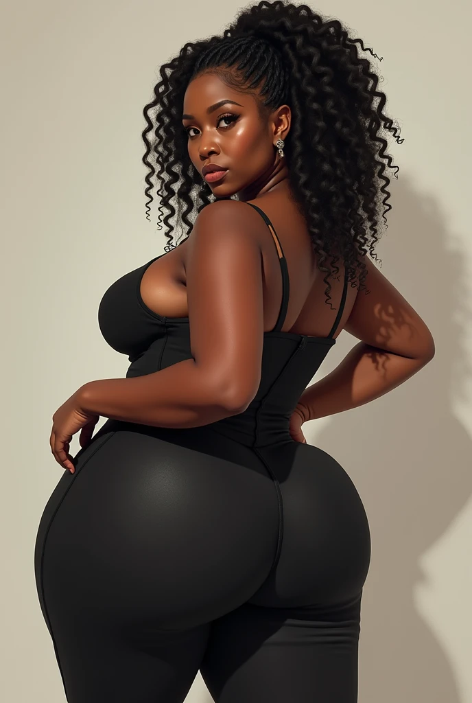 18 Summer black girl with big breasts and a round ass, stands in stockings and high heels, no bra in just a T-shirt, curly hair combed back