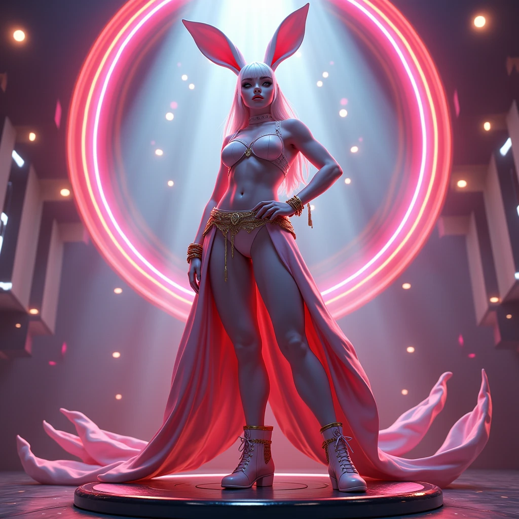 Beautiful Alluring cybergoth Female bunny hybrid scarlett johansson, bare skin, Athletic Well Toned Body, neon colored fluffy fur bikini, neon colored fluffy fur long bunny ears, neon colored white fur gloves and high boots, amazing chrome mechanical parts, Barely Clothed, cybergoth Theme, cyberpunk theme, dancing inside a club, Beautiful D&D Character Portrait, Beautiful Face, Ominous, Dark Fantasy, Fiverr Dnd Character, Octane Render, Digital Art, Extreme Detail, 4k, Ultra Hd, Polished, Beautiful, Hyperdetailed, Intricate, Elaborate, Meticulous, Photorealistic, Sharp Focus, Wlop, Character Design, Unreal Engine, 3d Rendered, Volumetric Lighting, Reflections, Glossy, Digital Illustration, Sensual Pose, Suggestive Pose, Full Body Shot, squatting 💖❤💕💋❣