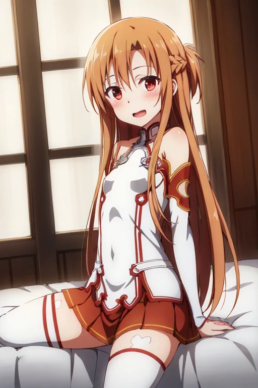 ((Highest quality)), ((masterpiece)), (be familiar with), Perfect Face, indoor, Bedroom, Watching the audience,
One woman, Yuuki Asuna,
Open Mouth, Ecstatic expression, blush, smile,
Small breasts, Flat Chest, , , child, Girl,
Long Hair, Long Hair,
Leg spread,