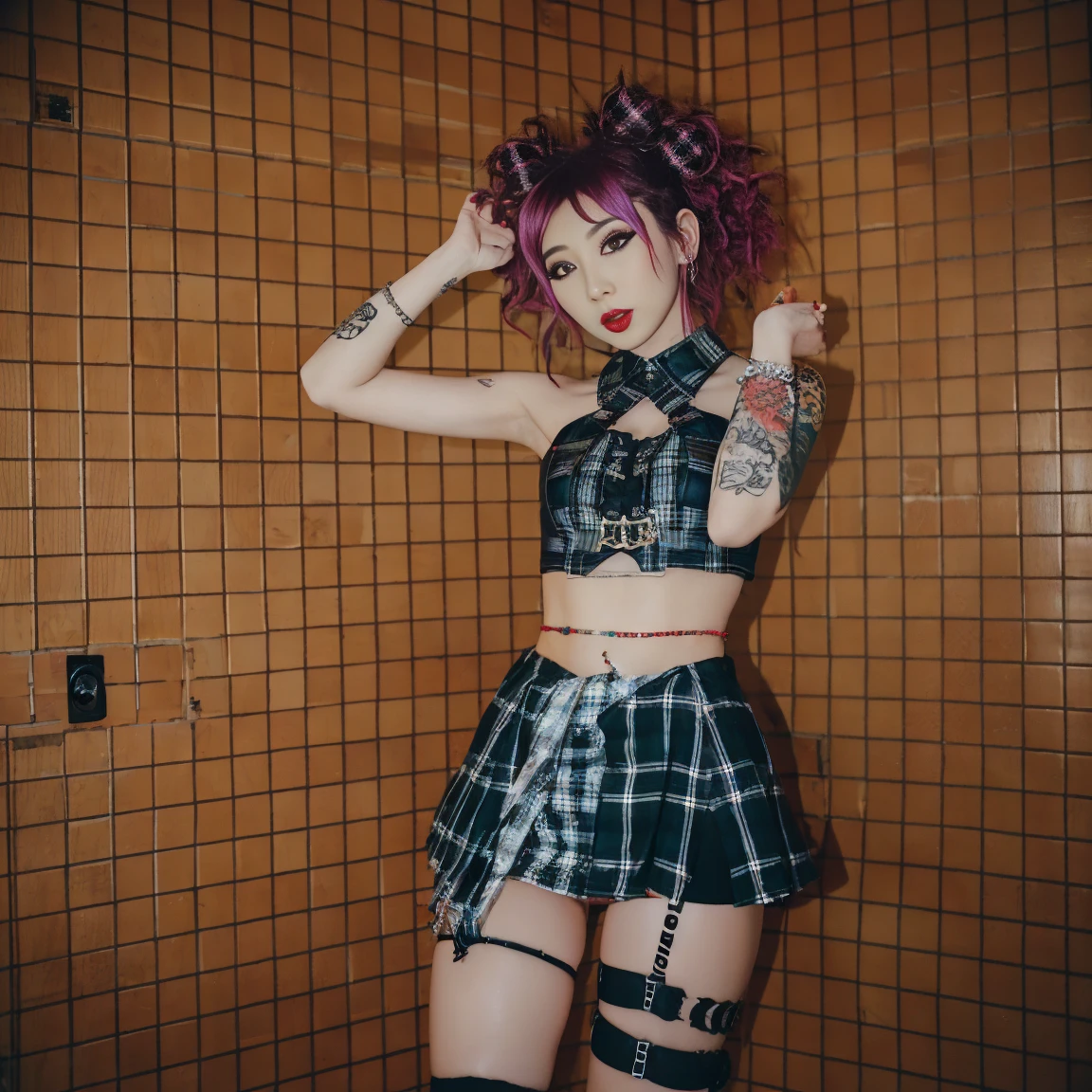 1girl, 2, Punk outfit, wild hair, tattoos, plaid miniskirt, crop top, wearing_urbangal