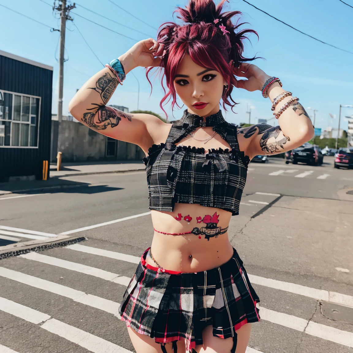 1girl, 2, Punk outfit, wild hair, tattoos, plaid miniskirt, crop top, wearing_urbangal