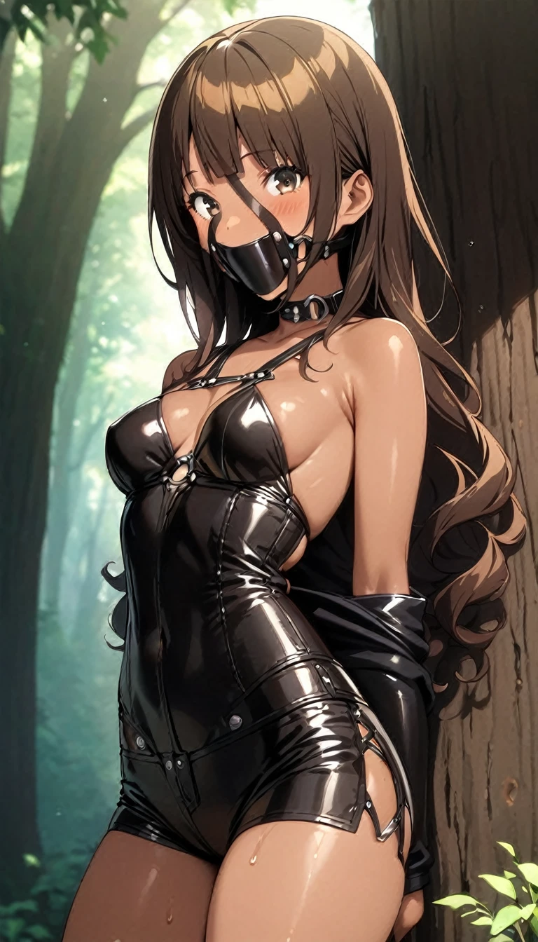 ((masterpiece, highest quality:1.2)),cowboy shot,1woman,20 year old beauty、solo,long curly hair brown hair,very small head,blush,slender body,(tan skin),skinny,medium breasts,oily skin,shiny skin,smile,Thief Costume,leather micro shorts,Fantasy World、forest、Large tree、Sunlight filtering through the trees、panelgag, collar