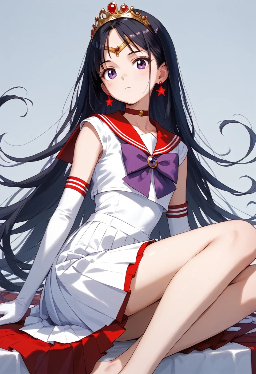 aamars, long hair, black hair, tiara, earrings, red choker, red sailor collar, purple bowtie, white shirt, elbow gloves, white gloves, pleated skirt, red skirt, bare legs