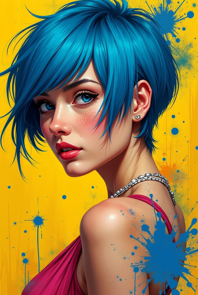 A striking woman with a bold sense of style, her blue hair styled in a sleek bob with bangs framing her face. Her intense blue eyes stare directly at the viewer, daring them to look away. She sits with her arms crossed, wearing a sleeveless black shirt that shows off her toned arms and a choker necklace that adds a touch of edginess. Her earrings and collar are intricately designed, adding to the overall aesthetic of the image. The rendering style is a mix of realism and abstract, with blurred elements that add a sense of movement and energy to the image.