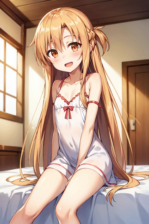 ((Highest quality)), ((masterpiece)), (be familiar with), Perfect Face, indoor, Bedroom, Watching the audience,
One woman, Yuuki Asuna,
Open Mouth, Ecstatic expression, blush, smile,
Small breasts, Flat Chest, , , , Girl,
Long Hair, Long Hair,
Leg spread,