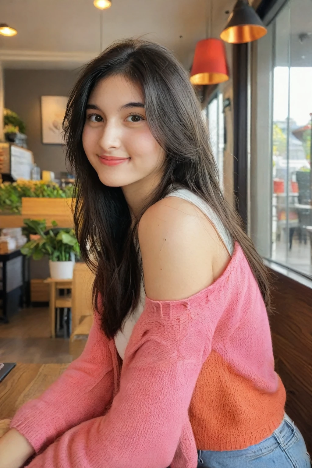 high-resolution portrait, 1girl, solo, seductive smile, long black hair, brown eyes, looking at viewer, beautiful girl, fair skin, wearing bright color casual outfits, sitting at cozy cafe