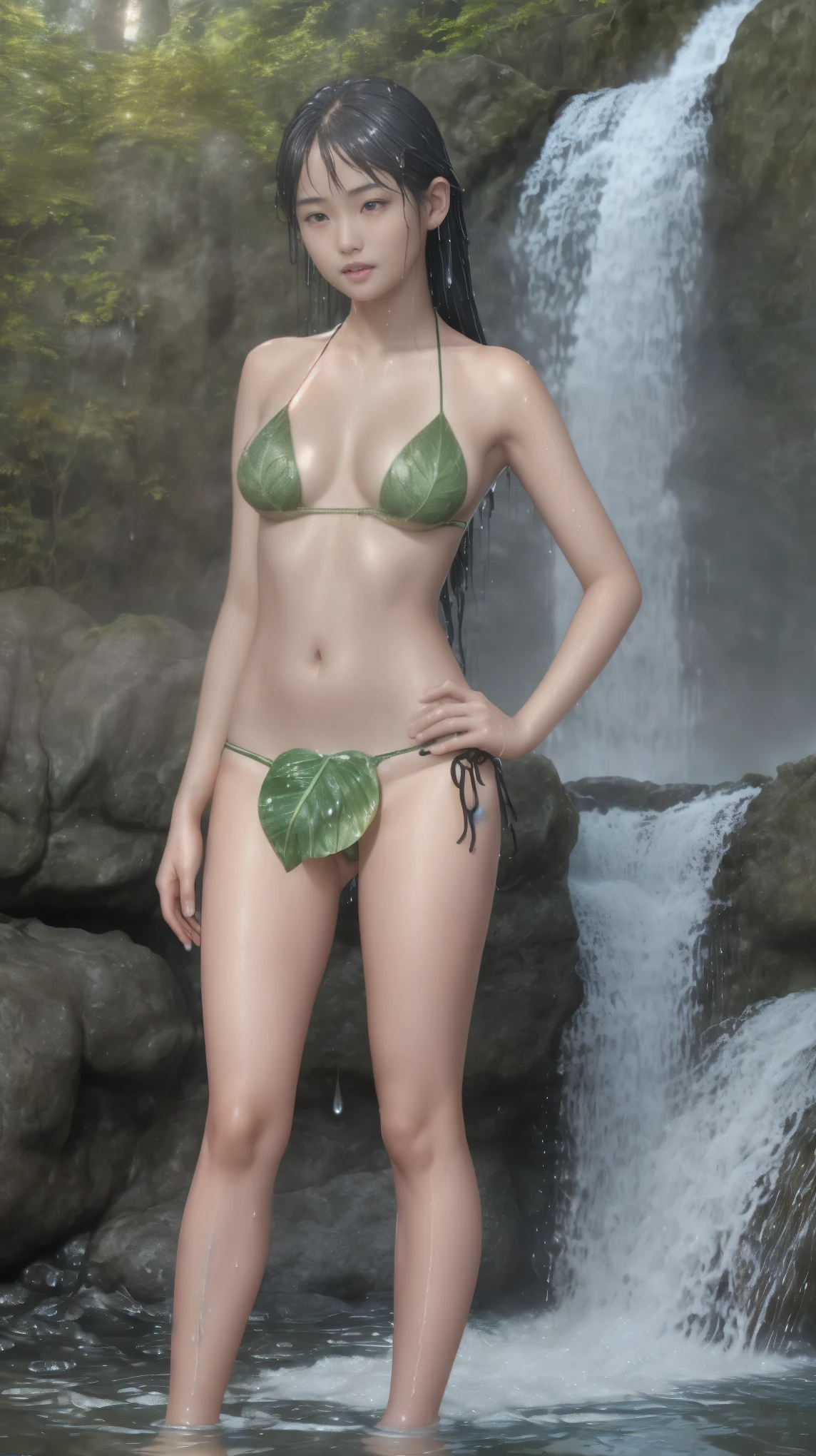 Masterpiece, best quality,age girl, dark brown hair bun, beautiful face, Choker,Light green bikini,Text graffiti: 1.5, big breasts, Slender waist, fit, sexy, Swimming in the lake, Clear water, Wet hair, Sharp focus on the exquisite details of the clothing, Highly detailed, 30k, 3d, light in movies, incredible light, shallow depth of light, Intricate clothing details, DR, Physics-based rendering