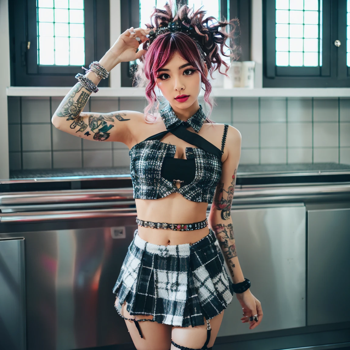 1girl, 2, Punk outfit, wild hair, tattoos, plaid miniskirt, crop top, wearing_urbangal