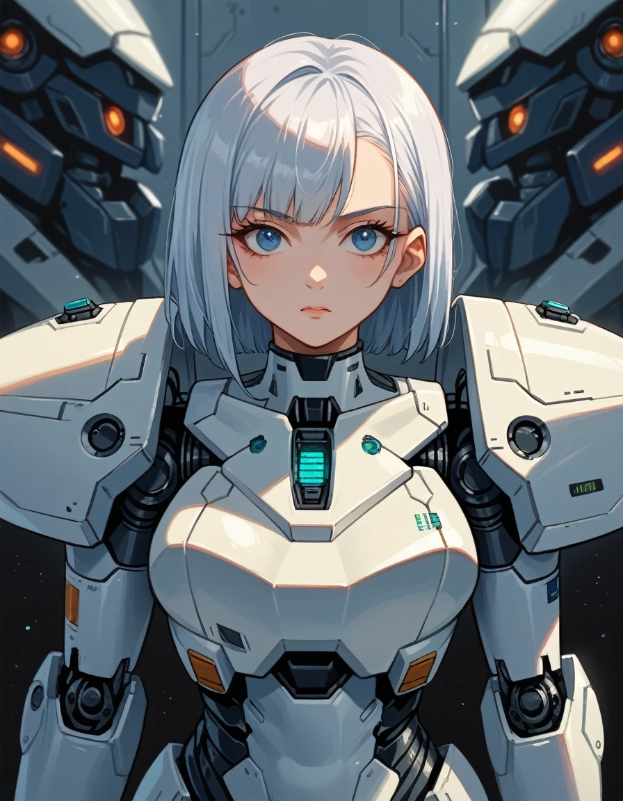 anime girl in white suit standing in front of a futuristic spaceship, perfect android girl, ferra white mecha, in white futuristic armor, girl in mecha cyber armor, android heroine, krenz cushart and artgerm, portrait anime space cadet girl, perfect anime cyborg woman, anime girl of the future, inspired by Krenz Cushart