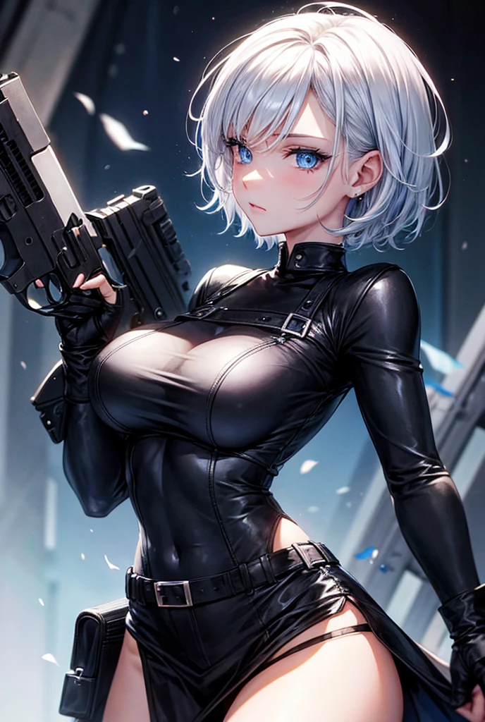 apocalypse, ruin town background, perfect lighting, dominant gray theme, silver hair and purple eyes, 1 girl, mature face, holding 9mm riffle, dressed in military vest and armored, perfect and very slim body curves, 8k quality, perfect quality, perfect resolution, ultra quality, ultra resolution
