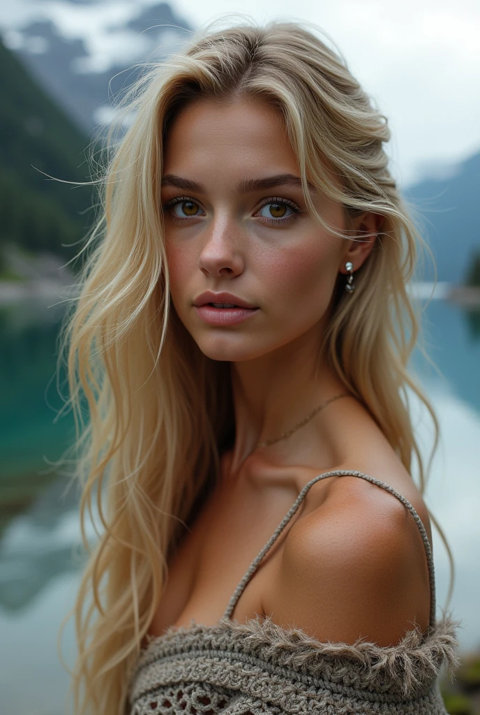 (((Jesika Radoslav))), ((blonde)), (full-body portrait: 1.4), 21-year-old, by the edge of a majestic lake, RAW uhd portrait photo, natural medium breast, (flannel shirt tied in the front), (crack), detailed (texture!, hair!, shine, color!!, flaws: 1.1), highly detailed glowing eyes, (looking at camera), specular light, dslr, extreme quality, sharp focus, sharp, dof, Film grain, (centered), Fujifilm XT3, crystal clear, center of frame, cute face, sharp focight sunshine), low key, day, (daylight) detailed skin pores, oil Dark skin, brown, complex eye details, zoom out