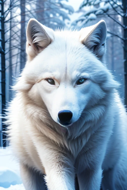 White Wolf in the snowy winter forest、Big snow Forest、White Wolf、white snow、Realistic、Cinematic composition、Extending Fang, (White fur:1.1),