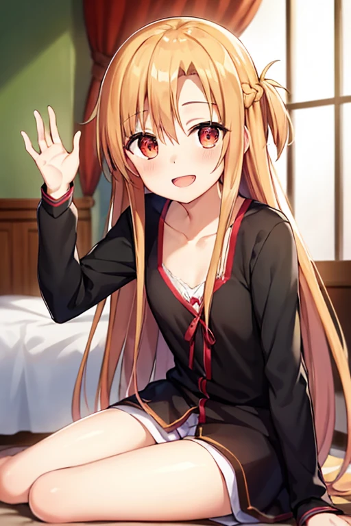 ((Highest quality)), ((masterpiece)), (be familiar with), Perfect Face, indoor, Bedroom, Watching the audience,
One woman, Yuuki Asuna,
Open Mouth, Ecstatic expression, blush, smile,
Small breasts, Flat Chest, , , child, Girl,
Long Hair, Long Hair,
Leg spread,