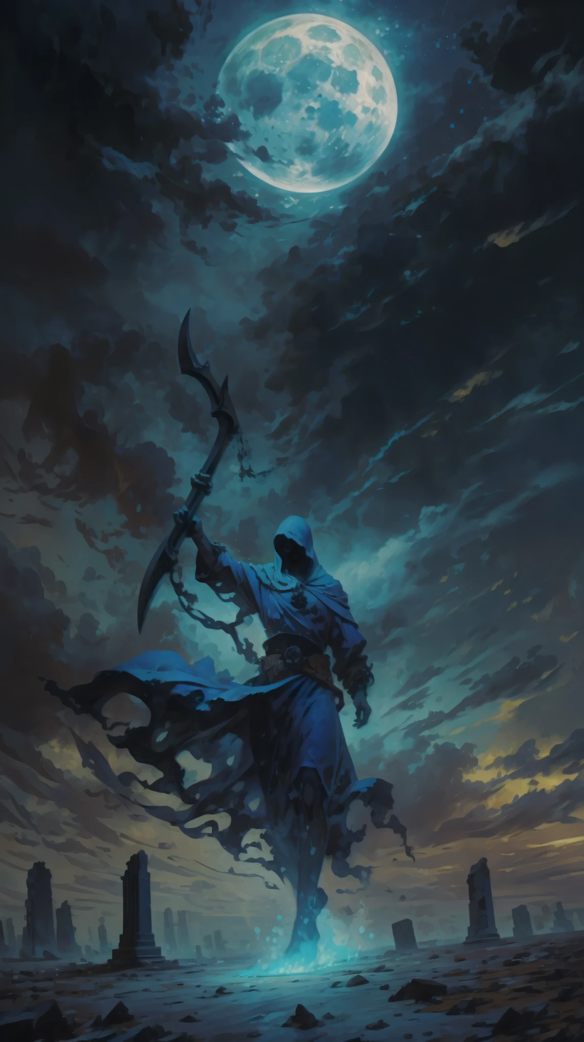 Quality (masterpiece, best Quality, 8k, wallpaper of extremely detailed CG unit, high resolution, top-Quality, top-Quality real texture skin, hyper realistic, increase the resolution, RAW Photos, best Quality, highly detailed, The wallpaper), BREAK, Alone, hooded youth with a giant scythe wrapped in blue fire, Dark clothing with skull details, postura amenazante en un dark cemetery, Giant full moon in the background in the shape of a skull illuminating the scene. Extreme details in the texture of clothing, glow of blue fire coming out of the scythe and detailed texture of the sky and moon. BREAK, Background (dark cemetery, broken tombstones, dim lights of the flames, night sky with scattered clouds), (Dynamic Angle:1.6), (Pulitzer Prize winning photo:1.3), (award winning photo), Beautiful dramatic lighting that highlights the contrast between the darkness and the blue fire, details in the apocalyptic environment, high shutter speed, depth in the artistic approach to the scene, (long shot:1.5), (wide shot:1.5),cinematografico