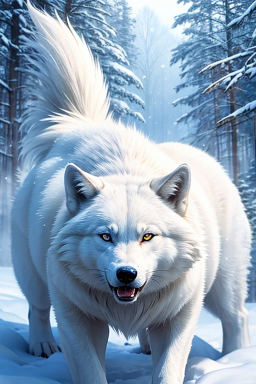 White Wolf in the snowy winter forest、Big snow Forest、White Wolf、white snow、Realistic、Cinematic composition、Extending Fang, (White fur:1.1),