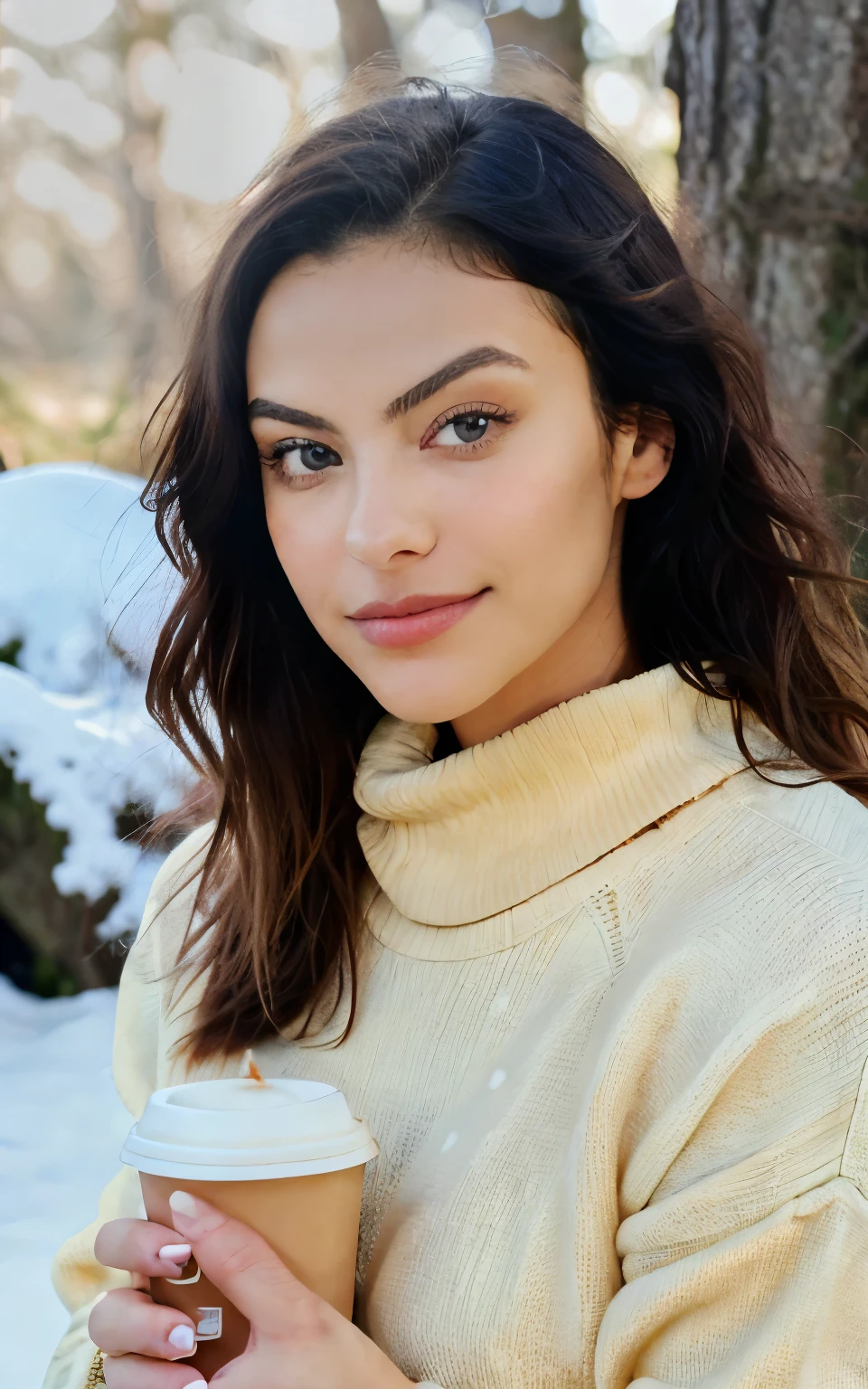 Mature beautiful blonde girl with yellow sweater (Drinking coffee at campwood), 1 girl2, muito detalhado, , innocent face, naturally wavy hair, blue eyes, high-res, ​masterpiece, best qulaity, complicated details, muito detalhado, sharp focus, detailed skin, realistie Hauttextur, Textur, detailled eyes, professional, 4K, charming smile, taken with Canon, 85 mm, light depth of field, Kodak Vision Color, perfectly fitting body, extremely detailed, photoshot_\(ultra\), fotorealisti, realisti, Post processing, maximum details, roughness, real life, ultrarealisti, photoshotrealismus, photoshotgrafie, 8K  UHD, photoshoot, background snow, campfire, ultra upscale, auto upscale, 8K photography, 