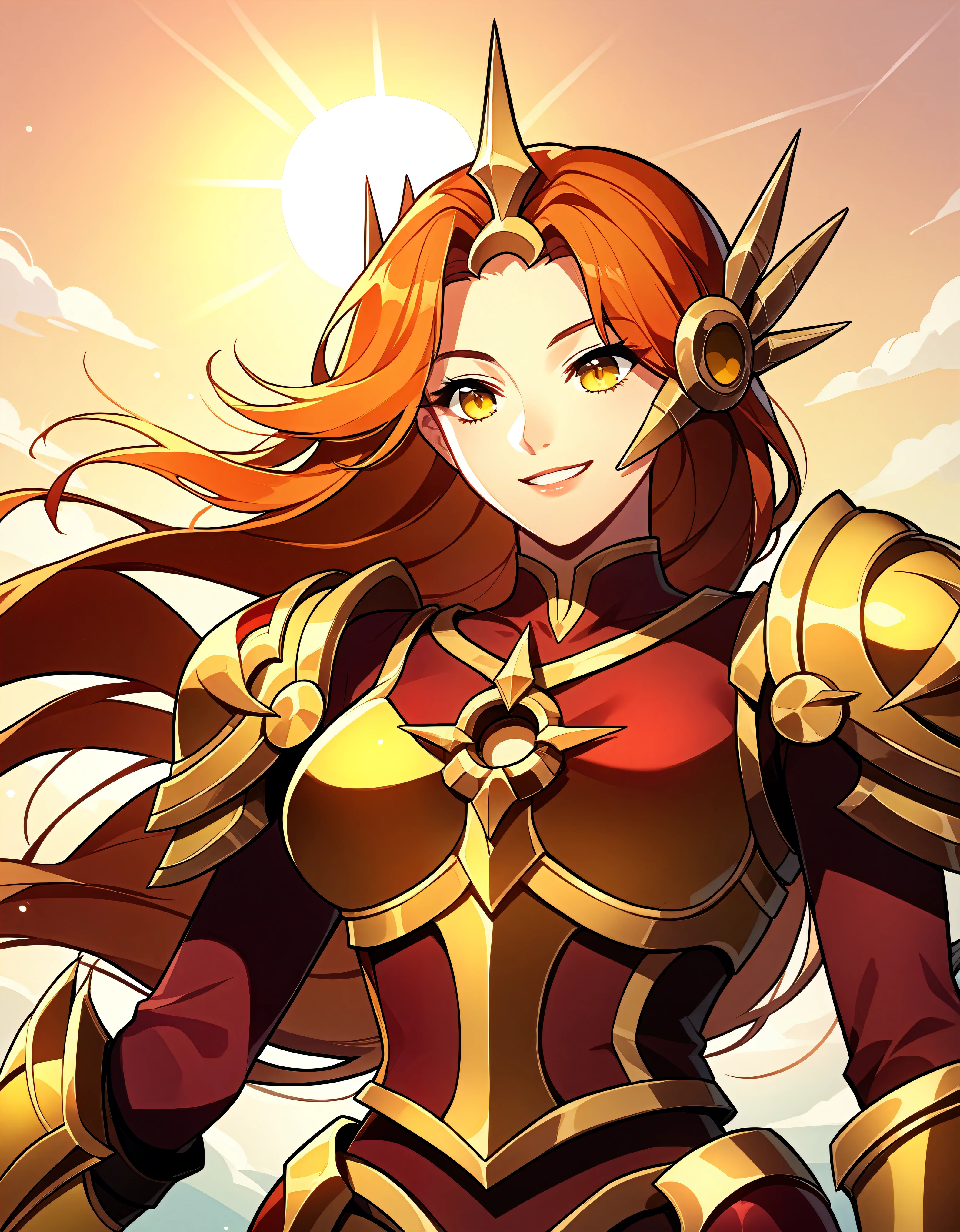 score_9, score_8_up, score_7_up,source_anime,BREAK, Leona_League_of_legends, smile, sun, yellow eyes, armor, red shirt, close-up, golden armor, 