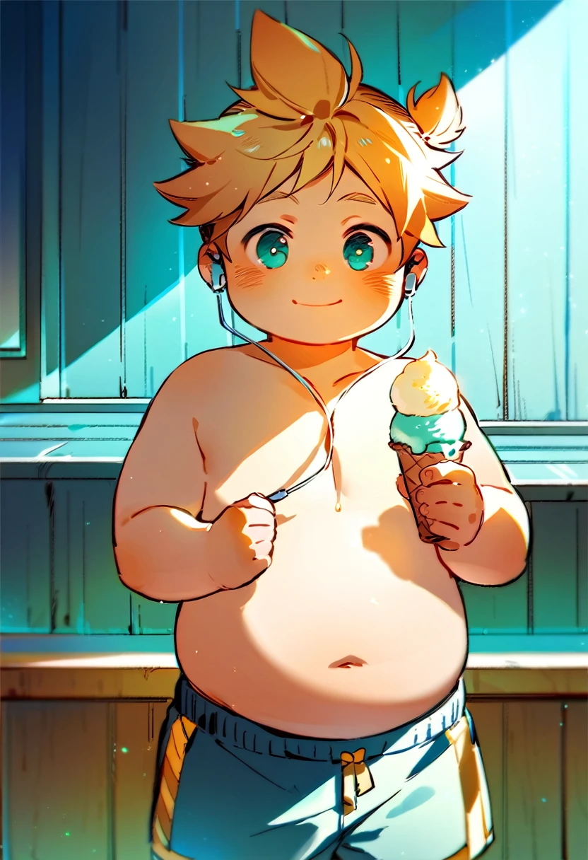 1 boy, (male child), (Kagamine Len), cute, chubby cheek, shirtless, earphones, chubby, standing in a room, holding an ice cream, smiling