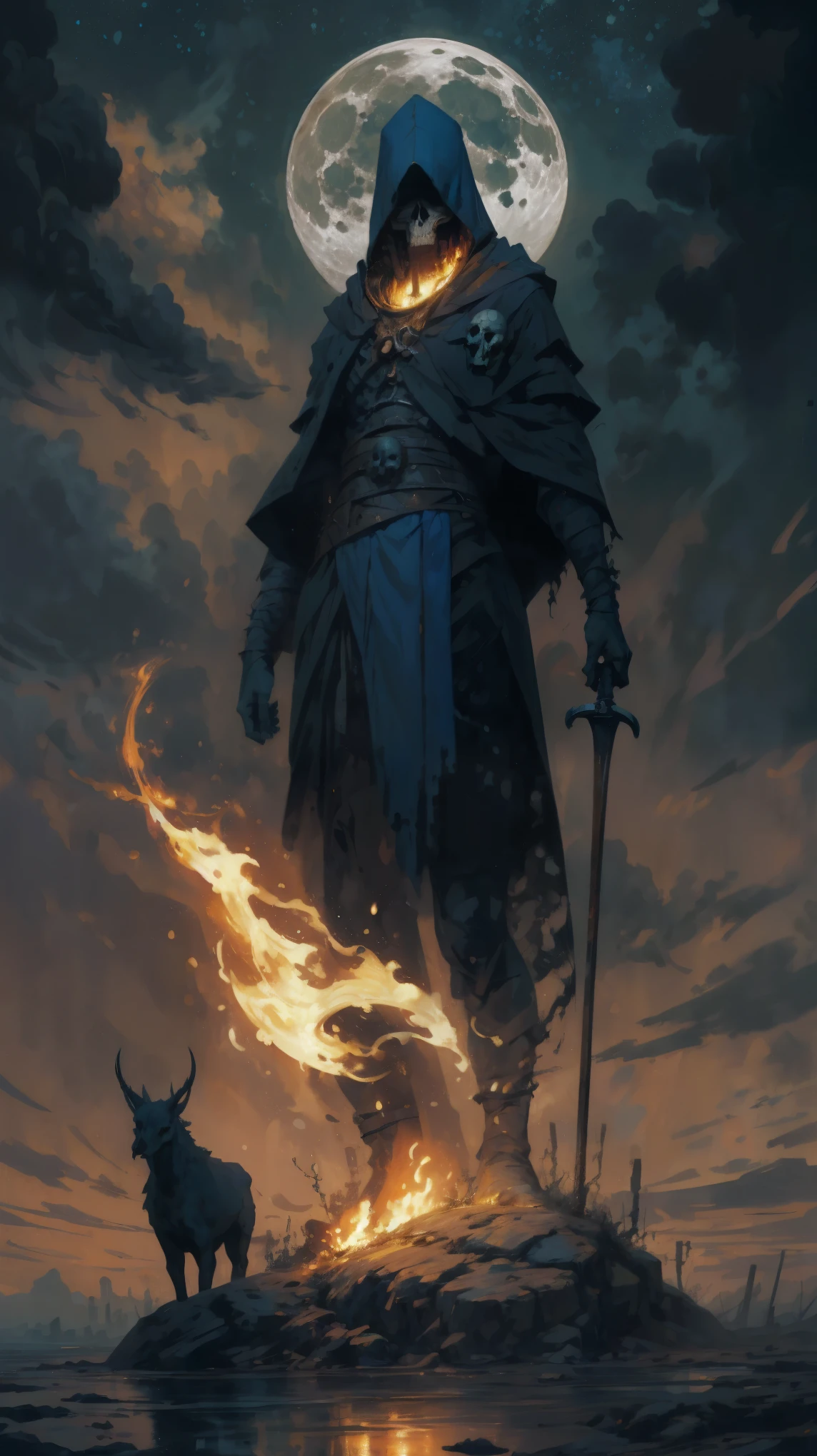 Quality (masterpiece, best Quality, 8k, wallpaper of extremely detailed CG unit, high resolution, top-Quality, top-Quality real texture skin, hyper realistic, increase the resolution, RAW Photos, best Quality, highly detailed, The wallpaper), BREAK, Alone, hooded youth with a giant scythe wrapped in blue fire, Dark clothing with skull details, postura amenazante en un dark cemetery, Giant full moon in the background in the shape of a skull illuminating the scene. Extreme details in the texture of clothing, glow of blue fire coming out of the scythe and detailed texture of the sky and moon. BREAK, Background (dark cemetery, broken tombstones, dim lights of the flames, night sky with scattered clouds), (Dynamic Angle:1.6), (Pulitzer Prize winning photo:1.3), (award winning photo), Beautiful dramatic lighting that highlights the contrast between the darkness and the blue fire, details in the apocalyptic environment, high shutter speed, depth in the artistic approach to the scene, (long shot:1.5), (wide shot:1.5),cinematografico
