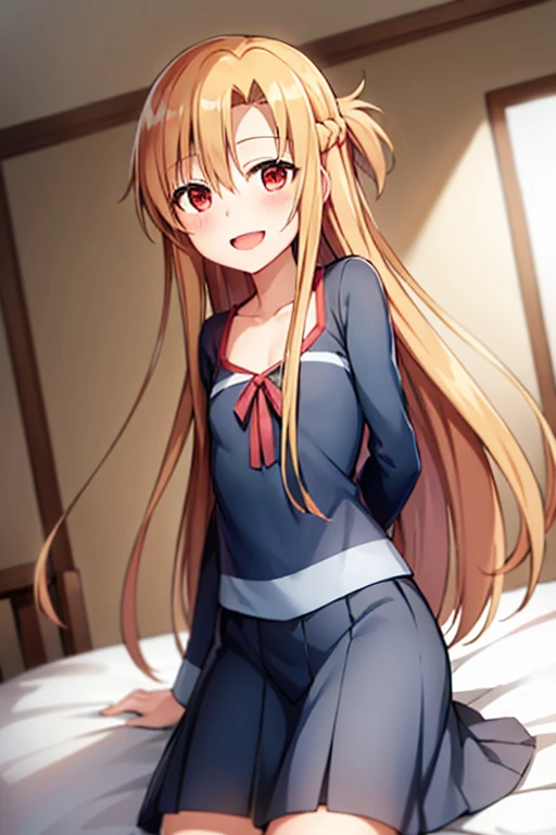 ((Highest quality)), ((masterpiece)), (be familiar with), Perfect Face, indoor, Bedroom, Watching the audience,
One woman, Yuuki Asuna,
Open Mouth, Ecstatic expression, blush, smile,
Small breasts, Flat Chest, , , child, Girl,
Long Hair, Long Hair,
Leg spread,