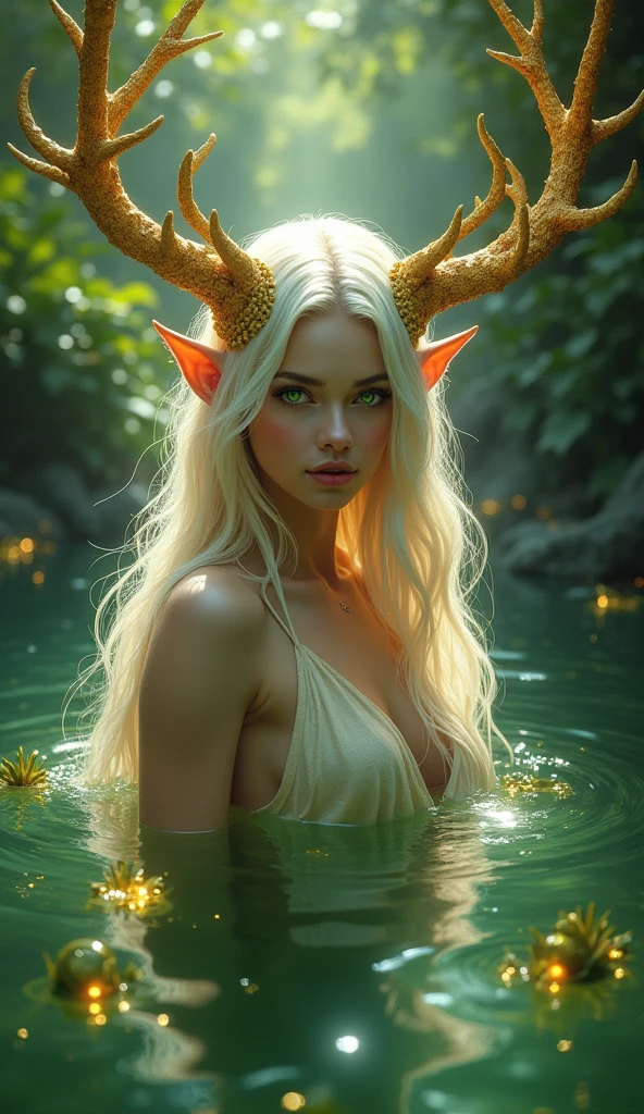 full body image, beautiful woman fae with horns aged 30 bathing in water (masterpiece), (best quality), (ultra detailed), (absurdres), (highres), (official art:1.4), (illustration:1.4), (distinct image:1.2),(delicate illustration: 1.2), 8k,(detailed face:1.3), (highlights in eyes:1.3), (detailed hair:1.3), (detailed skin:1.3), hair messy, gentle and attractive, bare shoulders, delicate and sexy collarbone, full length photo, noble, ultra high definition, super detail, elegant posture, ultra fine thread, dark, mystical scandinavian forest (misty 1.6), looming trees, vibrant, colorful, stylized, white background with one color ink stains, drawing stroke made with Rottring 0.5mm pen, perfect drawing lines. early morning