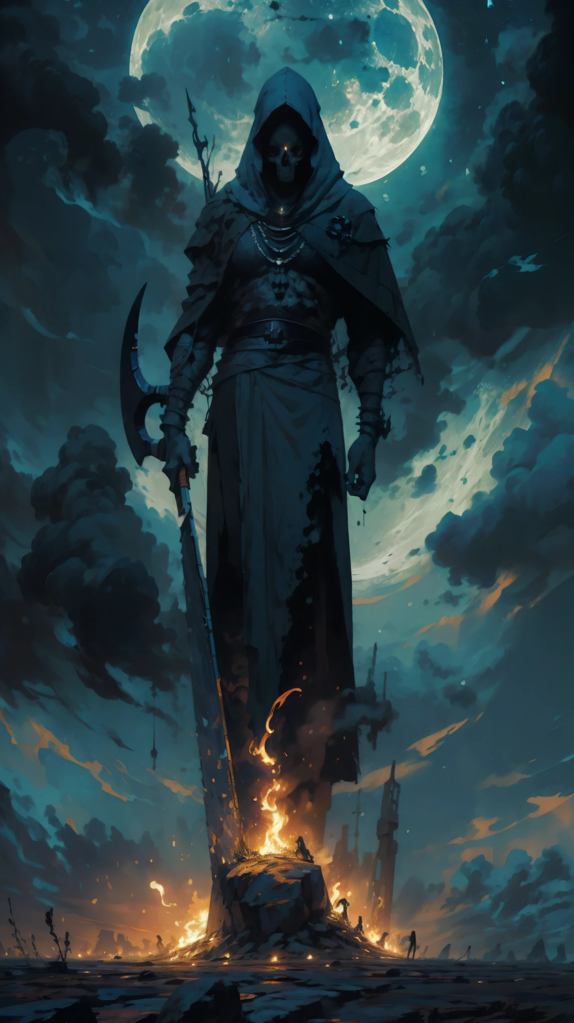 Quality (masterpiece, best Quality, 8k, wallpaper of extremely detailed CG unit, high resolution, top-Quality, top-Quality real texture skin, hyper realistic, increase the resolution, RAW Photos, best Quality, highly detailed, The wallpaper), BREAK, Alone, hooded youth with a giant scythe wrapped in blue fire, Dark clothing with skull details, postura amenazante en un dark cemetery, Giant full moon in the background in the shape of a skull illuminating the scene. Extreme details in the texture of clothing, glow of blue fire coming out of the scythe and detailed texture of the sky and moon. BREAK, Background (dark cemetery, broken tombstones, dim lights of the flames, night sky with scattered clouds), (Dynamic Angle:1.6), (Pulitzer Prize winning photo:1.3), (award winning photo), Beautiful dramatic lighting that highlights the contrast between the darkness and the blue fire, details in the apocalyptic environment, high shutter speed, depth in the artistic approach to the scene, (long shot:1.5), (wide shot:1.5),cinematografico