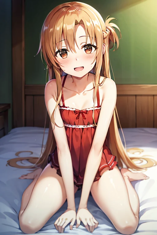 ((Highest quality)), ((masterpiece)), (be familiar with), Perfect Face, indoor, Bedroom, Watching the audience,
One woman, Yuuki Asuna,
Open Mouth, Ecstatic expression, blush, smile,
Small breasts, Flat Chest, , , child, Girl,
Long Hair, Long Hair,
Leg spread,