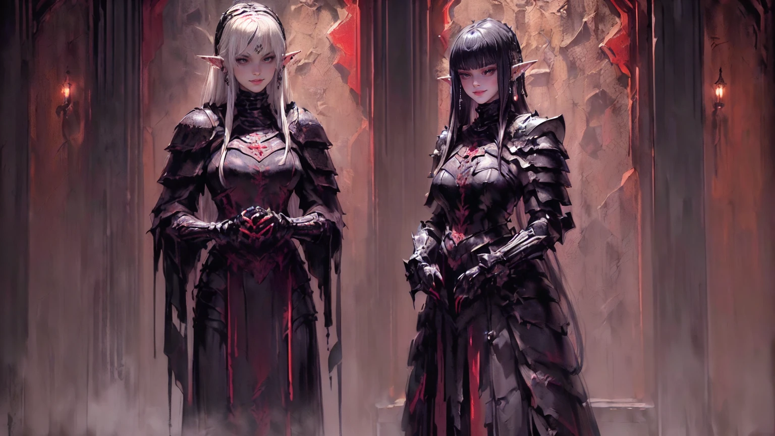 ( excellent quality ) close up of a vampire in a royal courtyard, stern expression, crimson eyes, very long black hair, gray fur coat collar, black goatee, very pale skin, pointy ears, elf ears, ornate plate armor, malignant aura, dominating stance, long coat under the plate armor, thin tabard over chest, makoto shinkai, artgerm and atey ghailan, demon slayer art, krenz cushart and artgerm, makoto sinkai, casimir art, range murata and artgerm
