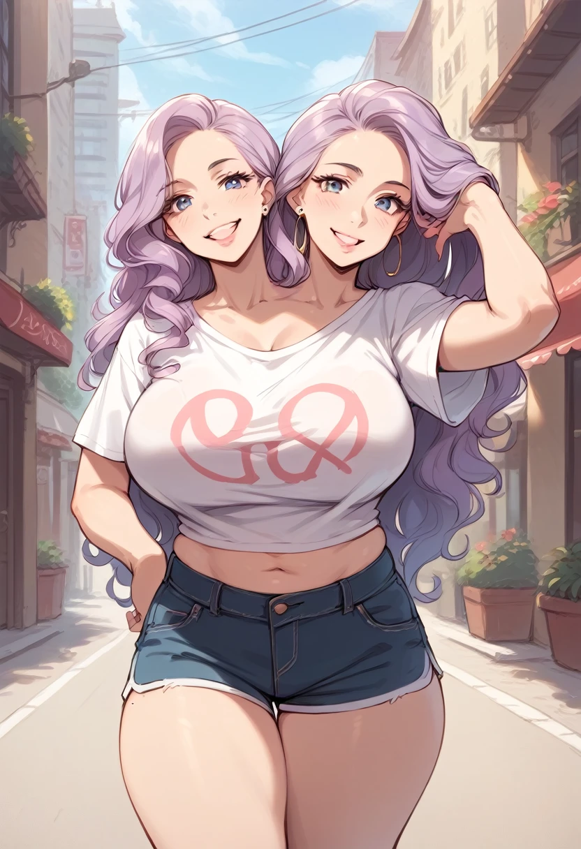 2heads, a thick woman with two heads. She is outside on a city street. She is wearing a t-shirt and shorts. She has long curly lavender hair. Long hair. She has baggy eyes. She is beautiful. Flirty. Big breasts. Flirty pose, seductive pose. Giant tits. 