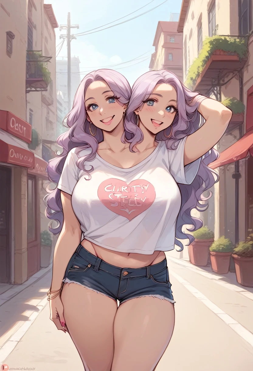 2heads, a thick woman with two heads. She is outside on a city street. She is wearing a t-shirt and shorts. She has long curly lavender hair. Long hair. She has baggy eyes. She is beautiful. Flirty. Big breasts. Flirty pose, seductive pose. Giant tits. 