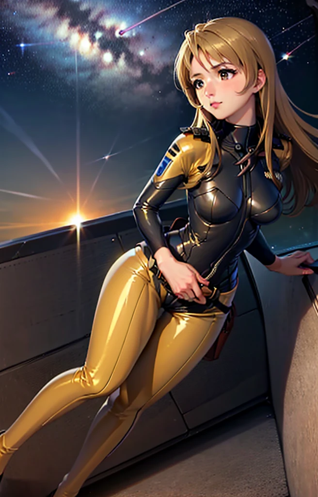 (masterpiece, best quality:1.2), (cowboy shot:1.1), solo, 1girl, mori yuki, slight smile, closed mouth, looking at viewer, blonde hair, thigh gap, (unzipped bodysuit:1.5), slight smile, leaning forward, side view, yellow bodysuit, skin tight, belt, large window, (starship porthole:1.3), from front, (spread legs:1.3), (standing:1.1), starship interior, (outer space view:1.1), (orbital view:1.3), (night, stary sky:1.5), milky way