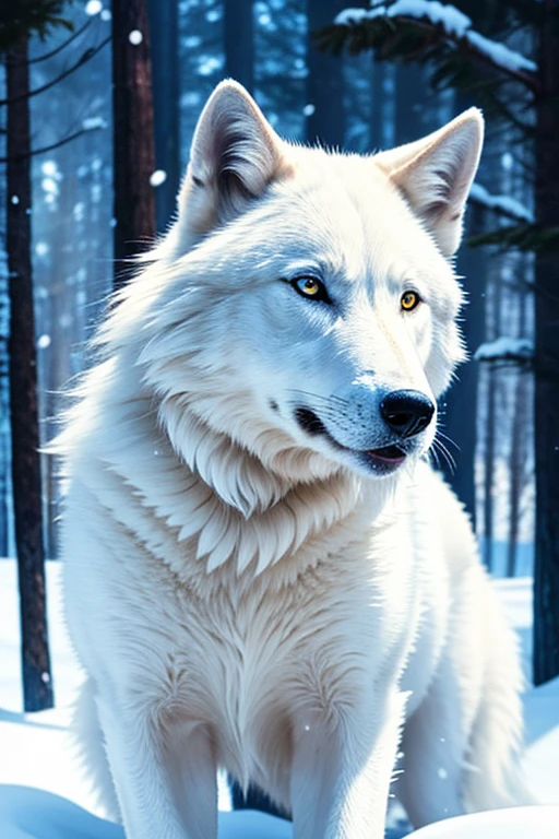 White Wolf in the snowy winter forest、Big snow Forest、White Wolf、white snow、Realistic、Cinematic composition、Extending Fang, (White fur:1.1),