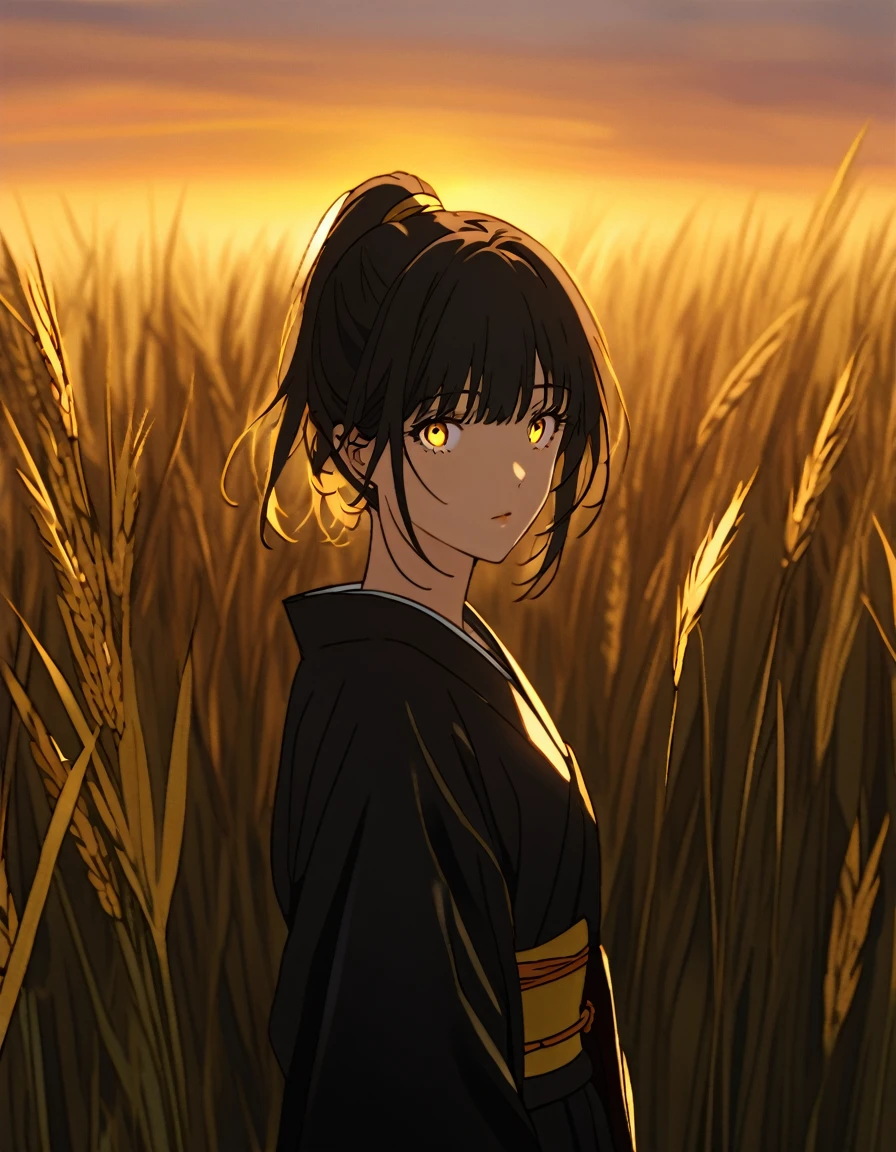 A girl in a kimono with a blank look stands waist-deep in a field of wheat, a black kimono with gold edges, her hair is tied in a ponytail, yellow eyes, the sunset is reflected in her eyes, the light falls on her face, half-sideways to the camera
