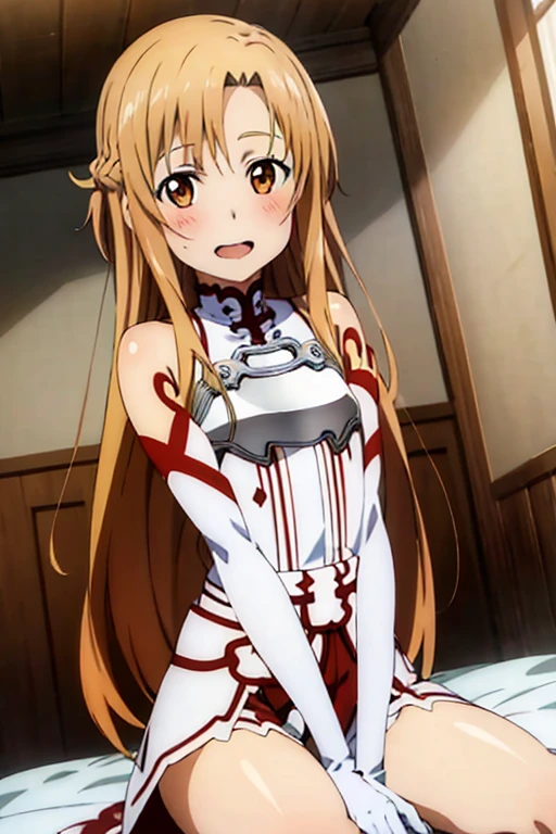 ((Highest quality)), ((masterpiece)), (be familiar with), Perfect Face, indoor, Bedroom, Watching the audience,
One woman, Yuuki Asuna,
Open Mouth, Ecstatic expression, blush, smile,
Small breasts, Flat Chest, , , child, Girl,
Long Hair, Long Hair,
Leg spread,