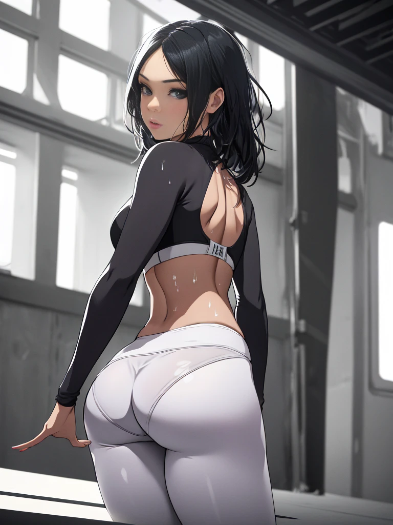 a backview of a woman sit back to camera, (((backside))), short black hair, wearring cute pantie, slimthick, simple light, uncontrasted, textured flat background,, brown skin, large body, glamour, silhuetas simples, provocador, (((crop top shirt)))