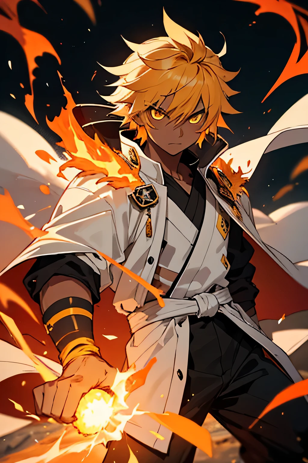 young male, yellow eyes, dark skin, black pants, white robe cape, orange bracelets, yellow hair, messy hair, serious expression, taekwondo, fire powers, blaze effects, fire aura, mountain background