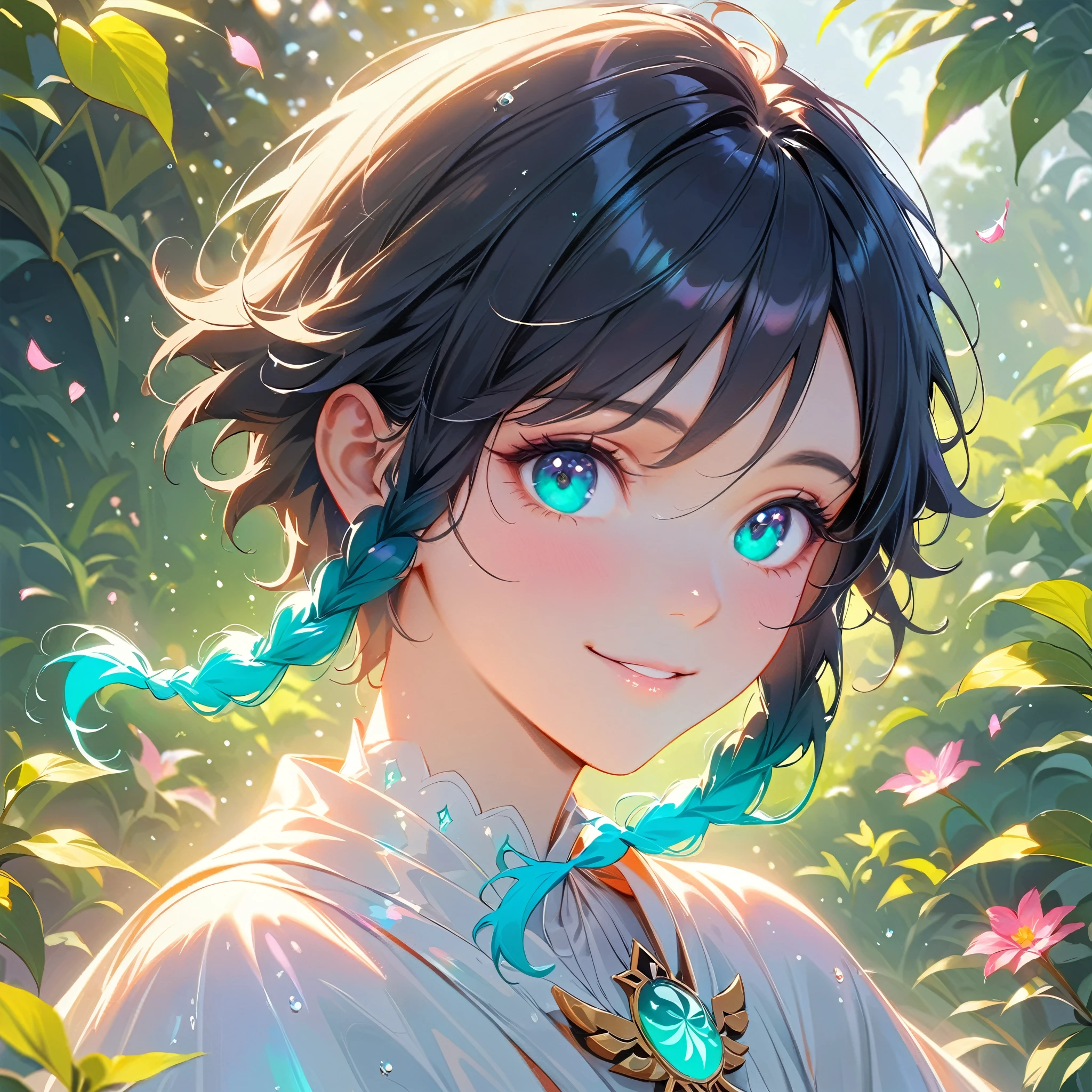 (best quality,4k,8k,highres,masterpiece:1.2),1boy,venti,genshin impact,black hair,ultra-detailed,(realistic:0.5),wearing simple white twist wrap robe gown,morning of spring,sunlight reflection,intricate details,delicate,vibrant color palette,elegant curves,effects of light and shadow,subtle reflections,face focus,sharp focus,flower petals falling,ethereal atmosphere,elysium,morning dew,soft sunlight filtering through trees,lush plant life,vividly colored blossoms,harmonious blend of nature and art,transcendent beauty,awe-inspiring artwork,smiling,flat chest,navy gradient hair