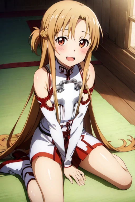 ((Highest quality)), ((masterpiece)), (be familiar with), Perfect Face, indoor, Bedroom, Watching the audience,
One woman, Yuuki Asuna,
Open Mouth, Ecstatic expression, blush, smile,
Small breasts, Flat Chest, , , child, Girl,
Long Hair, Long Hair,
Leg spread,