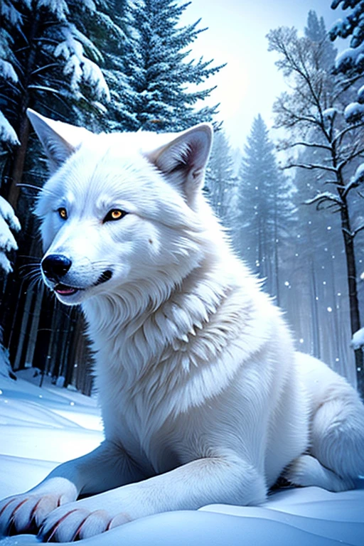 White Wolf in the snowy winter forest、Big snow Forest、White Wolf、white snow、Realistic、Cinematic composition、Extending Fang, (White fur:1.1),