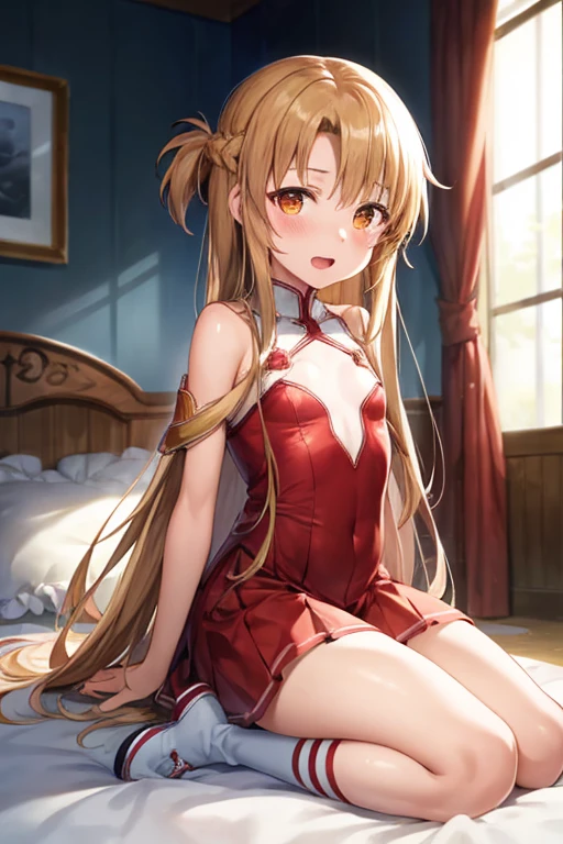 ((Highest quality)), ((masterpiece)), (be familiar with), Perfect Face, indoor, Bedroom, Watching the audience,
One woman, Yuuki Asuna,
Open Mouth, Ecstatic expression, blush, smile,
Small breasts, Flat Chest, , , , Girl,
Long Hair, Long Hair,
Leg spread,