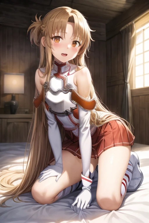 ((Highest quality)), ((masterpiece)), (be familiar with), Perfect Face, indoor, Bedroom, Watching the audience,
One woman, Yuuki Asuna,
Open Mouth, Ecstatic expression, blush, smile,
Small breasts, Flat Chest, , , child, Girl,
Long Hair, Long Hair,
Leg spread,