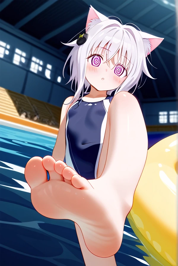 score_9,score_8_up,score_7_up,score_6_up,score_5_up, swim suit, Koneko Toujou from Highscool DxD, Solitary,Looking at the audience,white hair, catgirl, indoors,barefoot,Foot Focus,hypno feet, hypnotic, deep eyes, Koneko Toujou from Highschool DxD suddenly tries to hypnotize viewer with soles of feet, possessive, mind control, brainwash, flat breast, short hair, cute catgirl, suddenly standing and show foot,shanding and show sole,standing on one leg,foot focus,sole,barefoot,no shoes, dry body, dry feet, smooth soles, immculate soles, 3D rendering style, manipulative, controlling, expressive and complacent and arrogant eyes, dynamic, each foot has only 5 toes