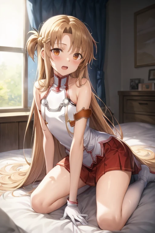 ((Highest quality)), ((masterpiece)), (be familiar with), Perfect Face, indoor, Bedroom, Watching the audience,
One woman, Yuuki Asuna,
Open Mouth, Ecstatic expression, blush, smile,
Small breasts, Flat Chest, , , child, Girl,
Long Hair, Long Hair,
Leg spread,