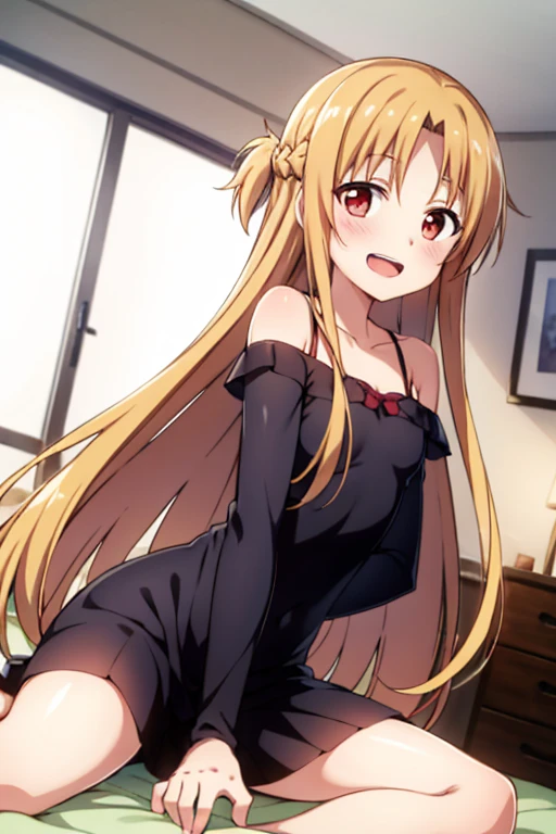 ((Highest quality)), ((masterpiece)), (be familiar with), Perfect Face, indoor, Bedroom, Watching the audience,
One woman, Yuuki Asuna,
Open Mouth, Ecstatic expression, blush, smile,
Small breasts, Flat Chest, , , child, Girl,
Long Hair, Long Hair,
Leg spread,