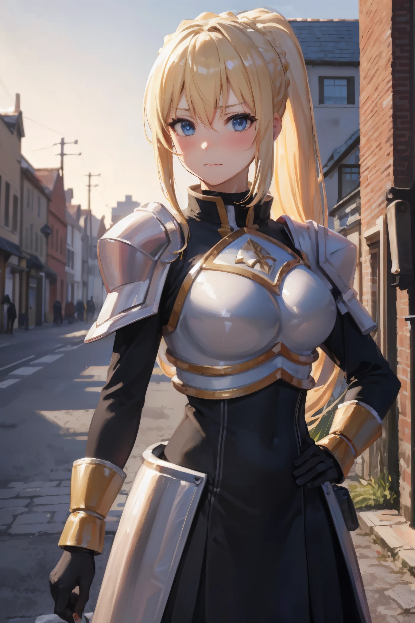 masterpiece, Highest image quality, ultra high resolution, blonde hair, long hair with pony tail, hair ornament, armor, knight, city background, medieval, village, old houses, hands on hips, facing the viewer, looking at the viewer, blushing, red face