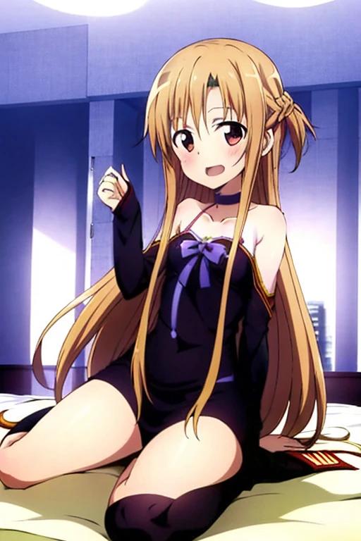 ((Highest quality)), ((masterpiece)), (be familiar with), Perfect Face, indoor, Bedroom, Watching the audience,
One woman, Yuuki Asuna,
Open Mouth, Ecstatic expression, blush, smile,
Small breasts, Flat Chest, , , child, Girl,
Long Hair, Long Hair,
Leg spread,