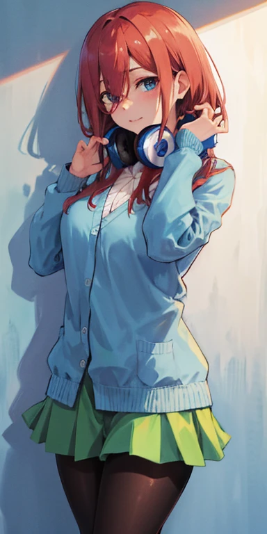 masterpiece, best quality, highres, nm1, headphones around neck, school uniform, long sleeves, blue cardigan, green skirt, pantyhose, cowboy shot, looking at the viewer, and a woods, wet skin, wearing a white lingerie, beautiful ass, big ass, (extremely detailed face), from behind, 8K resolution, super detailed, high quality