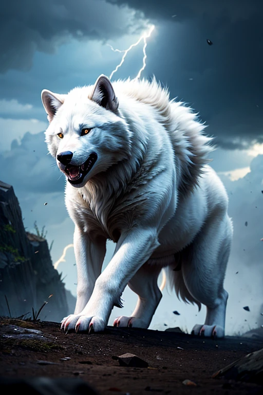 White Wolf turns into an overwhelmingly ferocious werebeast、Rumbling Lightning、Dark clouds、Heavy downpours、Realistic、Cinematic composition、Extending Fangs、Doomsday Beast, (White fur:1.1),