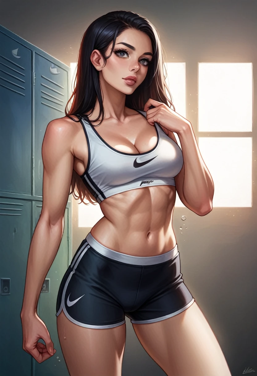 a sexy woman in a locker room, beautiful detailed eyes, beautiful detailed lips, extremely detailed face and skin, long eyelashes, athletic toned body, elegant pose, sensual expression, steam and water droplets, warm lighting, photorealistic, 8k, high quality, cinematic lighting, dramatic shadows, muted color palette, triangle sport bra, NIKE PRO "sports shorts"