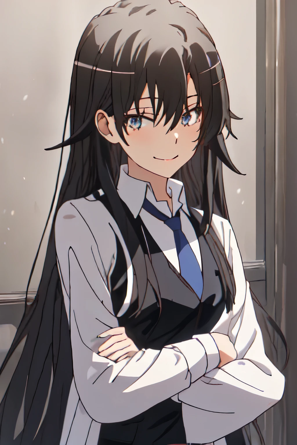 best quality, masterpiece, highres, solo, {hiratsuka_shizuka_yahariorenoseishunlovecomewamachigatteiru:1.15}, long_hair, black_hair, necktie, 1girl, collared_shirt, looking_at_viewer, shirt, smile, white_shirt, vest, blue_necktie, hair_between_eyes, upper_body, black_vest, closed_mouth, bangs, long_sleeves, dress_shirt, wing_collar